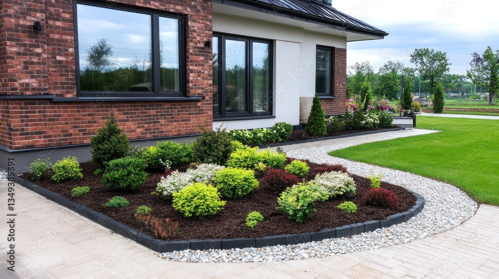 Naklejka premium Beautifully Landscaped Front Yard with Modern Brick and Stucco Home Exterior