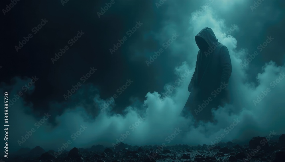 Fototapeta premium Fog swirls around a mysterious object on a black and dark background, obscurity, atmosphere, ambiance