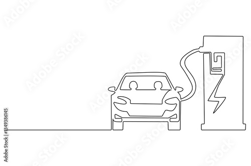 Continuous one line drawing of Electric car at charging stations. Single line drawing illustration of Electric car. Battery Green energy concept vector art. Doodle line illustration.