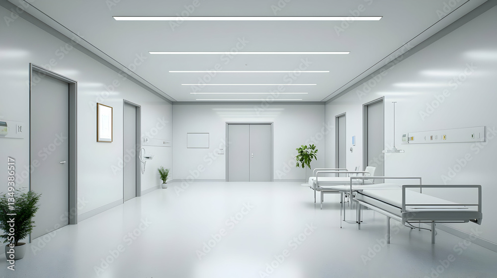 Fototapeta premium Empty Modern Hospital Corridor With White Walls And Beds