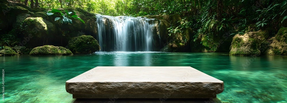 A moss-covered stone podium on the right, beside a serene waterfall cascading into a crystal-clear pool.