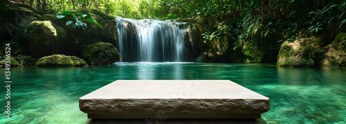 Obraz na płótnie A moss-covered stone podium on the right, beside a serene waterfall cascading into a crystal-clear pool. w salonie