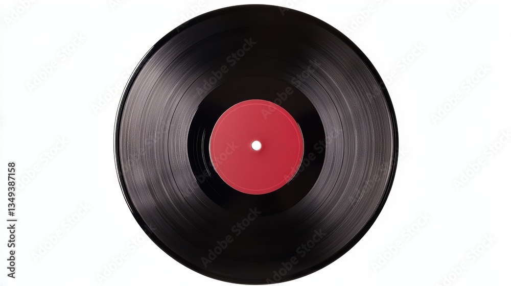 Retro black vinyl record with red center, a classic music icon of vintage sound and nostalgia Retro black vinyl record with red center, a classic music icon of vintage sound and nostalgia
