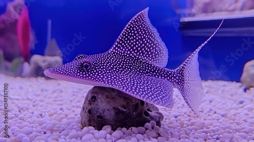 Purple fish with speckled scales resting on a rock in an aquarium photo