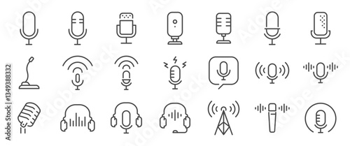 Podcast icon set. It includes radio, streaming, live, music, and more icons. Editable Vector Stroke.
