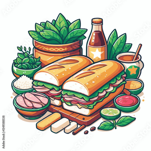 bread, baguette, meal, meat, fresh, food, background, cucumber, carrot, lunch, cuisine, coriander, sandwich, asian, traditional, vietnamese, pork, vietnam, sliced, closeup, cilantro, vegetable, street