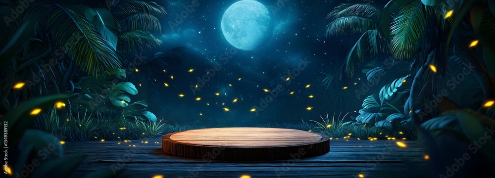 A wooden podium intertwined with glowing fireflies, resting on the right in a moonlit jungle clearing.