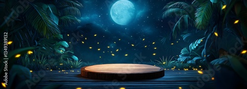 Obraz na płótnie A wooden podium intertwined with glowing fireflies, resting on the right in a moonlit jungle clearing. w salonie