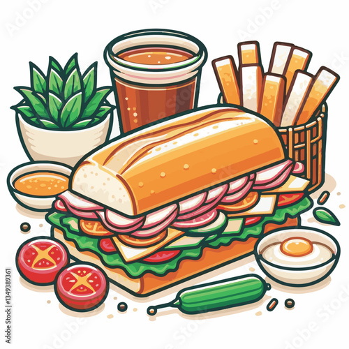 bread, baguette, meal, meat, fresh, food, background, cucumber, carrot, lunch, cuisine, coriander, sandwich, asian, traditional, vietnamese, pork, vietnam, sliced, closeup, cilantro, vegetable, street