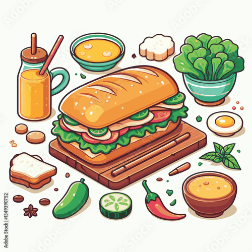 bread, baguette, meal, meat, fresh, food, background, cucumber, carrot, lunch, cuisine, coriander, sandwich, asian, traditional, vietnamese, pork, vietnam, sliced, closeup, cilantro, vegetable, street