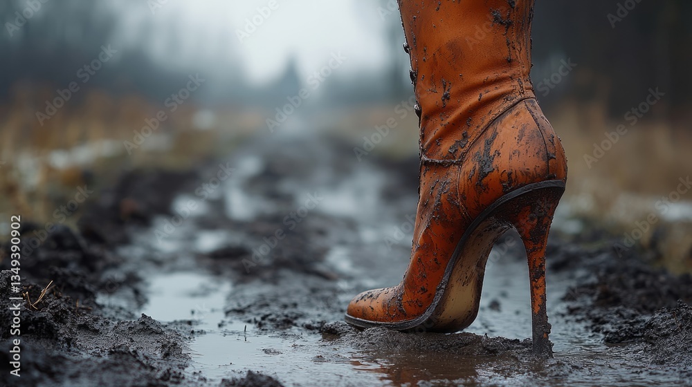 A stylish orange high-heeled boot walks a muddy trail, showcasing the clash of fashion and nature A stylish orange high-heeled boot walks a muddy trail, showcasing the clash of fashion and nature