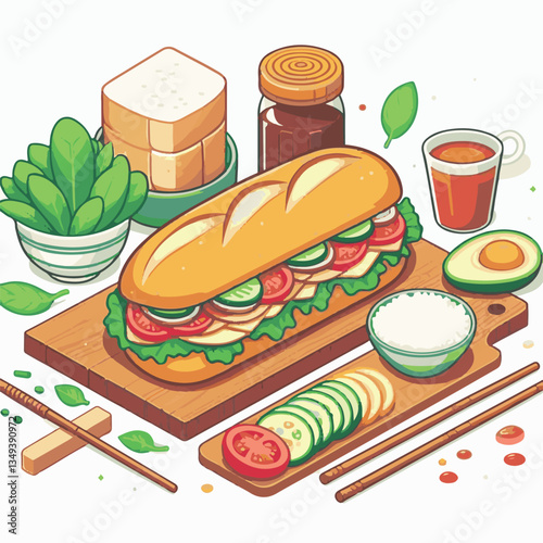 bread, baguette, meal, meat, fresh, food, background, cucumber, carrot, lunch, cuisine, coriander, sandwich, asian, traditional, vietnamese, pork, vietnam, sliced, closeup, cilantro, vegetable, street