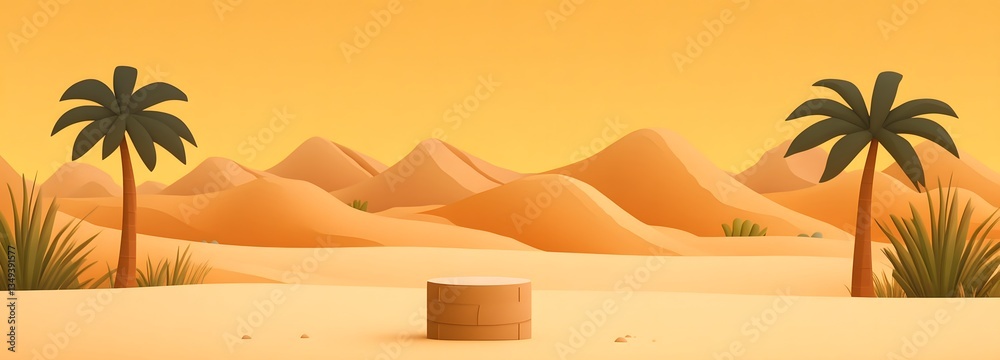 A sandstone podium standing on the right, set in the middle of a golden desert oasis with palm trees.
