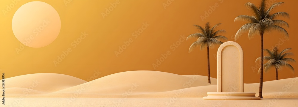 A sandstone podium standing on the right, set in the middle of a golden desert oasis with palm trees.