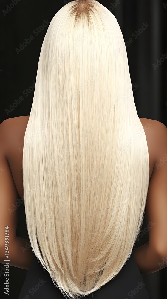Naklejka premium Stunning Long Blonde Hair Back View, Smooth Straight Hair, Woman with Platinum Blonde Extensions