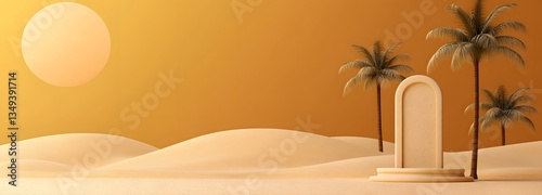 A sandstone podium standing on the right, set in the middle of a golden desert oasis with palm trees.