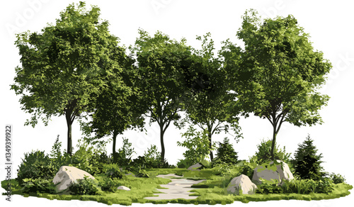Vector greenery forest summer landscape cut out, transparent background PNG, lush trees, summer nature, eco landscape, green forest, outdoor scene, environmental concept.
