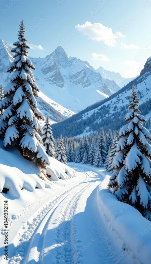Fototapeta premium Snow-covered trees on a winding mountain road, serene, snow, landscape