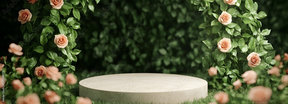 A podium covered in fresh green ivy, positioned on the right in a fairytale-like hidden garden with blooming roses.
