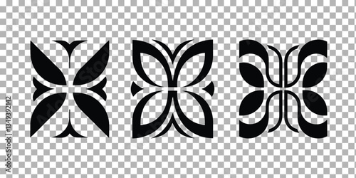 Geometric butterfly logos, black and white designs, abstract flower motifs, symmetrical shapes, retro tile designs, minimalist art, repeating patterns, contrasting silhouettes, vintage wallpaper style