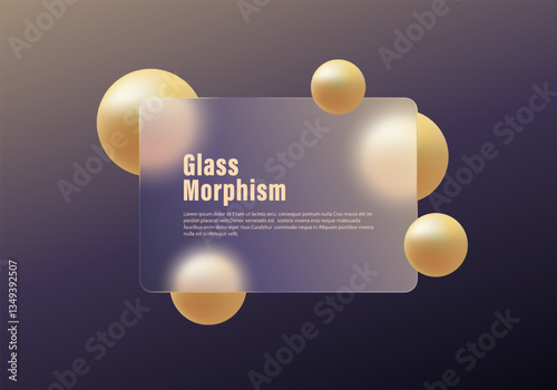 Vector image in the style of glass morphism. Gradient background with glass imitation panel and golden spheres.