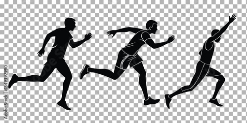 Silhouette figures, dynamic running poses, athletic motion, black shadows, transparent background, vector graphic style, high contrast, minimalist design