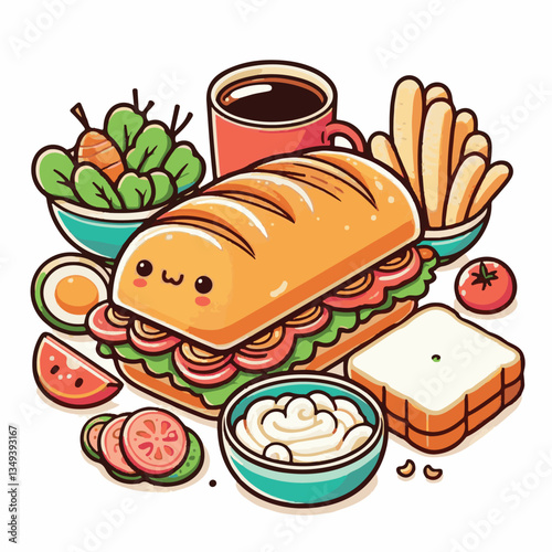 bread, baguette, meal, meat, fresh, food, background, cucumber, carrot, lunch, cuisine, coriander, sandwich, asian, traditional, vietnamese, pork, vietnam, sliced, closeup, cilantro, vegetable, street