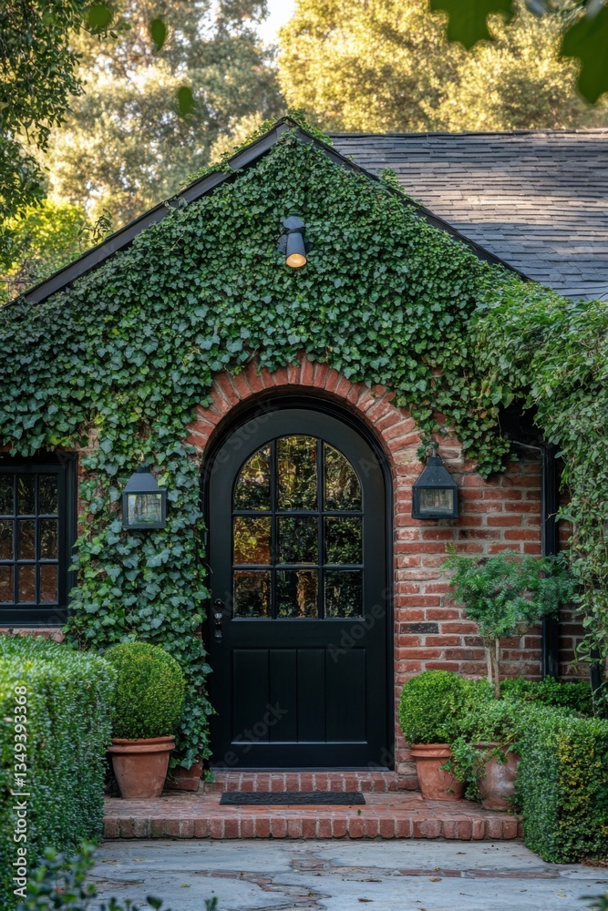 Fototapeta premium Charming brick cottage entrance adorned with lush ivy and decorative shrubs in a residential neighborhood during golden hour