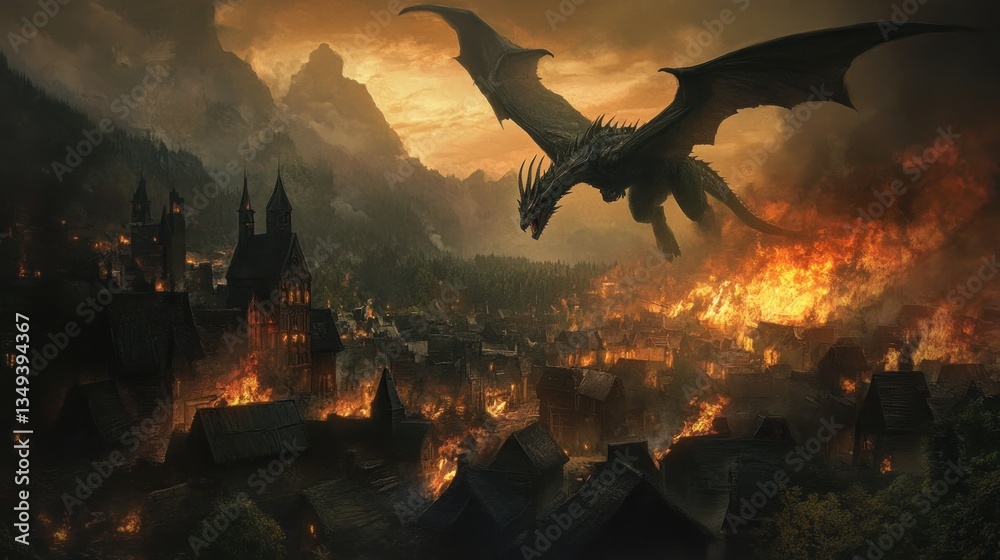 Dragon's Fury: A fiery inferno engulfs the medieval town as a colossal dragon descends from the stormy sky, casting an ominous shadow over the burning buildings and mountains.
