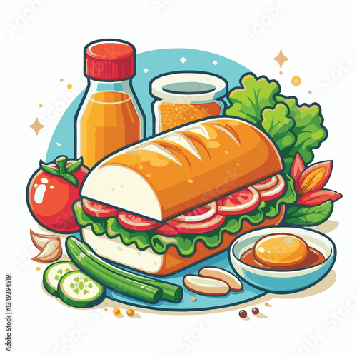 bread, baguette, meal, meat, fresh, food, background, cucumber, carrot, lunch, cuisine, coriander, sandwich, asian, traditional, vietnamese, pork, vietnam, sliced, closeup, cilantro, vegetable, street