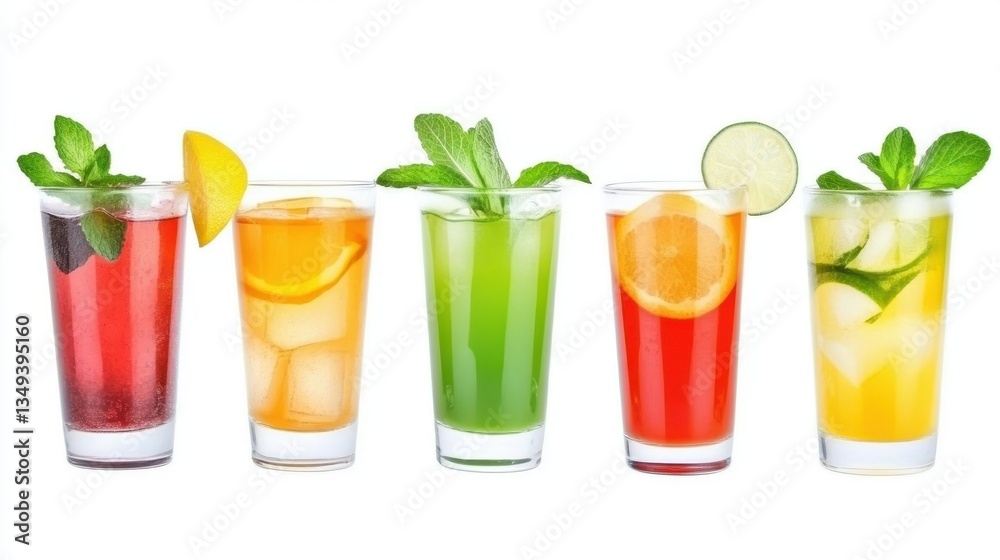 Fototapeta premium Five Colorful Refreshing Drinks with Ice and Mint in Glasses on White Background