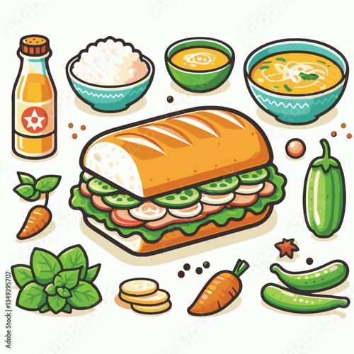 bread, baguette, meal, meat, fresh, food, background, cucumber, carrot, lunch, cuisine, coriander, sandwich, asian, traditional, vietnamese, pork, vietnam, sliced, closeup, cilantro, vegetable, street