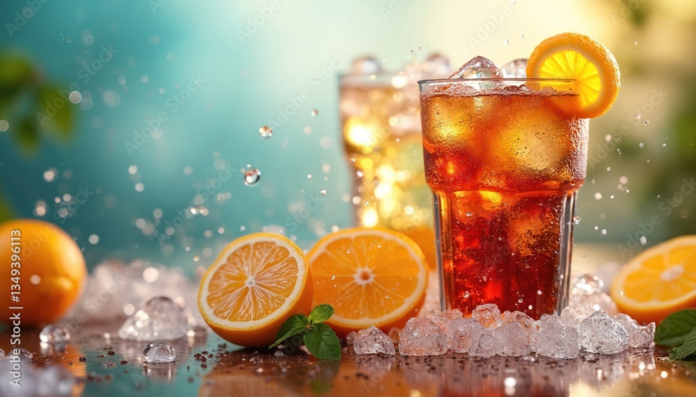Refreshing summer drink with ice cubes, orange slices. Transparent glasses filled with soda creating bubbles. Cold drink with droplets. Burst of refreshment. Iced beverage at bar or restaurant. Refreshing summer drink with ice cubes, orange slices. Transparent glasses filled with soda creating bubbles. Cold drink with droplets. Burst of refreshment. Iced beverage at bar or restaurant.