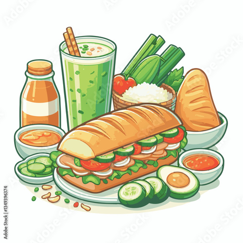 bread, baguette, meal, meat, fresh, food, background, cucumber, carrot, lunch, cuisine, coriander, sandwich, asian, traditional, vietnamese, pork, vietnam, sliced, closeup, cilantro, vegetable, street