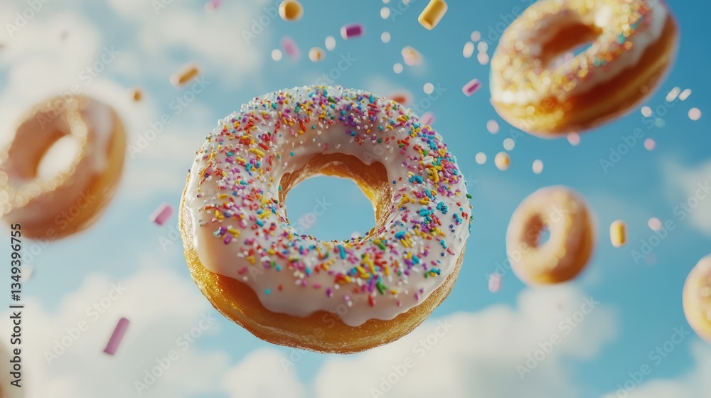 Colorful donuts with sprinkles floating in a blue sky, creating a whimsical and playful atmosphere