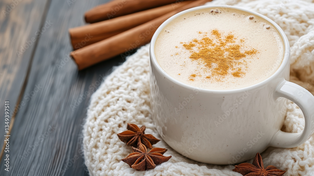 Creamy beverage topped with spices, surrounded by cozy elements for warm atmosphere Creamy beverage topped with spices, surrounded by cozy elements for warm atmosphere