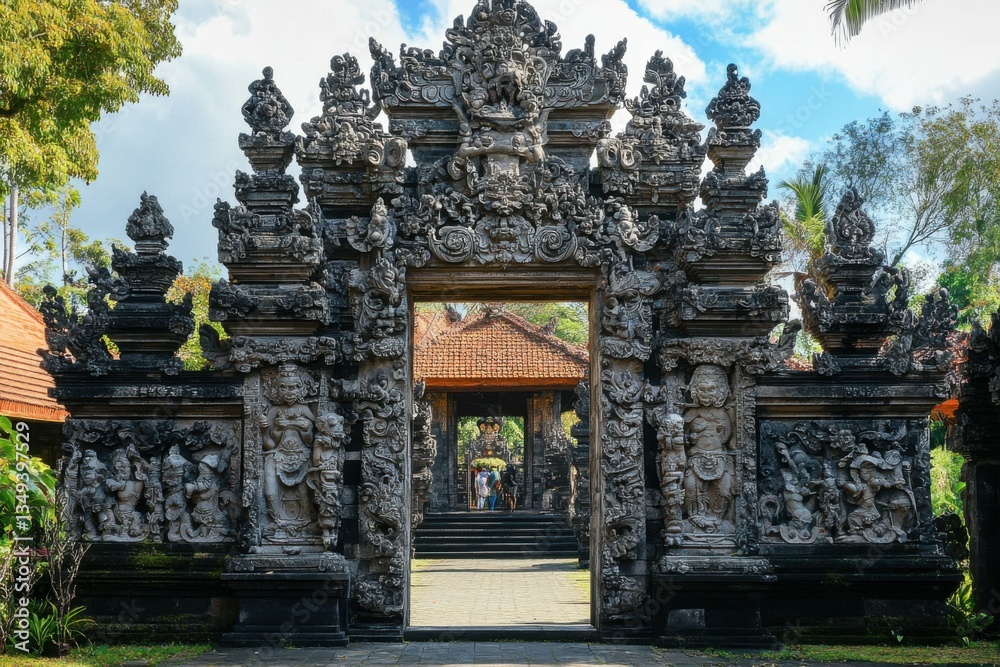 Fototapeta premium Large ornate stone gateway with carved mythological scenes, vibrant textures and detailed craftsmanship, historic and elegant atmosphere