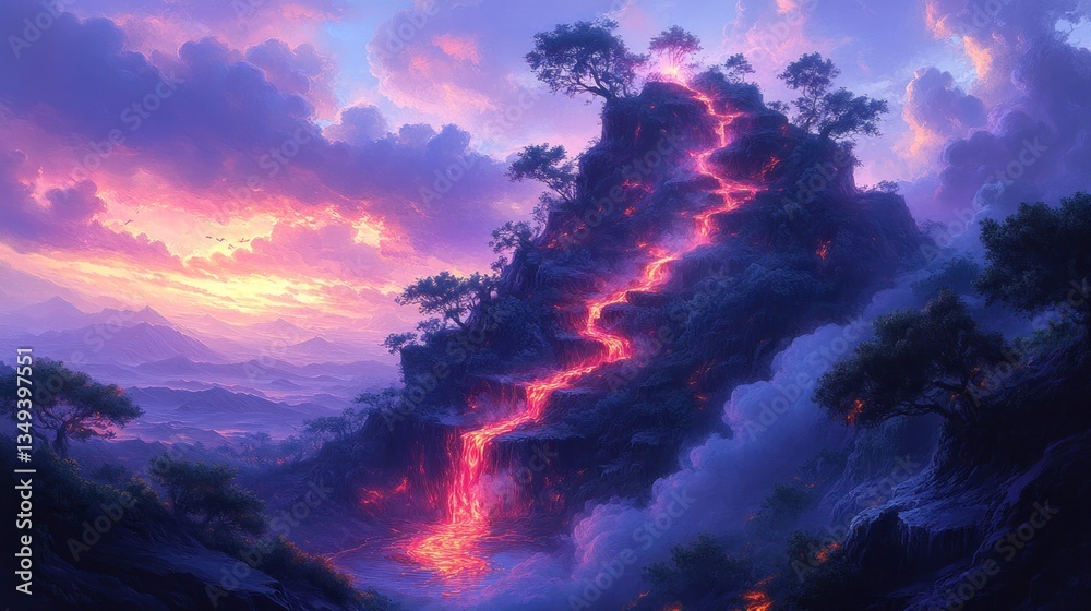 Lava flows down a mystical mountain at sunset, surrounded by lush vegetation and clouds Lava flows down a mystical mountain at sunset, surrounded by lush vegetation and clouds