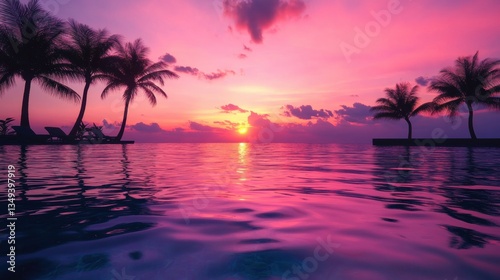 Digits Floating in Pool Under Pink and Purple