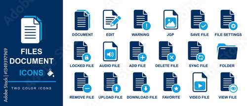 files and document icons including document, edit, warning, jpg, save file, file setting, locked file, audio file, video file, add, delete, sync, folder, remove, upload, download, favorite and more