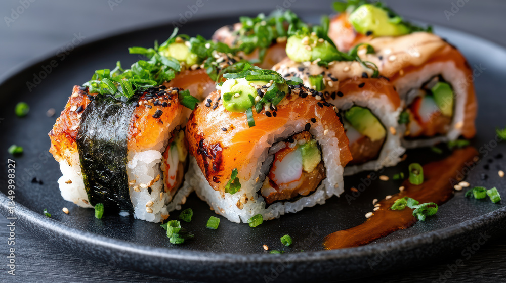 Delicious sushi rolls beautifully arranged on dark plate, garnished with fresh herbs and sauces Delicious sushi rolls beautifully arranged on dark plate, garnished with fresh herbs and sauces
