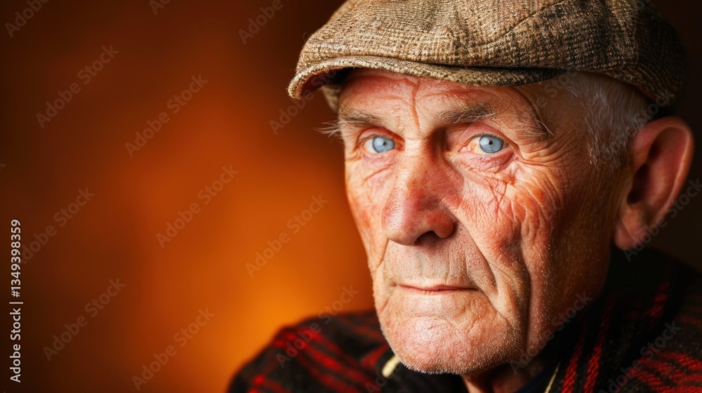 Senior Man In Heathered Flat Cap With Thoughtful Gaze Senior Man In Heathered Flat Cap With Thoughtful Gaze