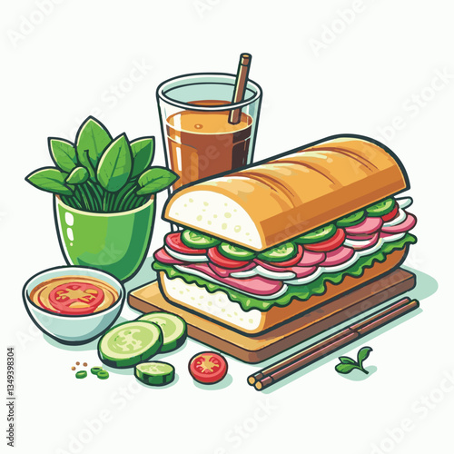bread, baguette, meal, meat, fresh, food, background, cucumber, carrot, lunch, cuisine, coriander, sandwich, asian, traditional, vietnamese, pork, vietnam, sliced, closeup, cilantro, vegetable, street