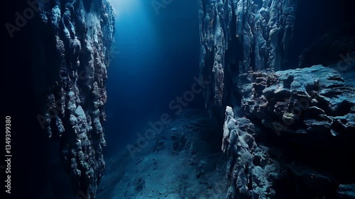 A deep ocean trench carved into the seabed, surrounded by towering rock formations
