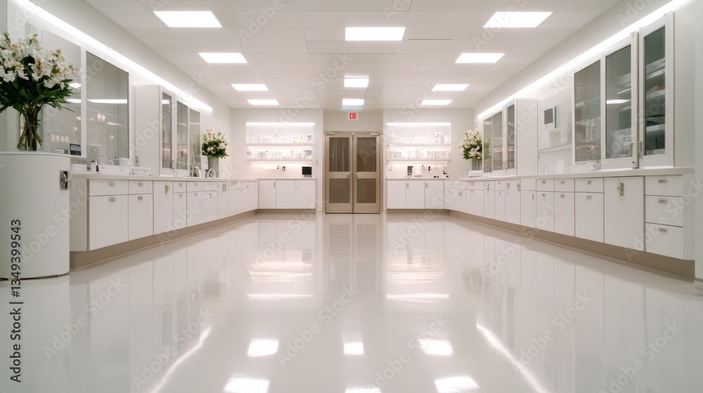 Bright, clean lab with white cabinets and glossy floor Bright, clean lab with white cabinets and glossy floor