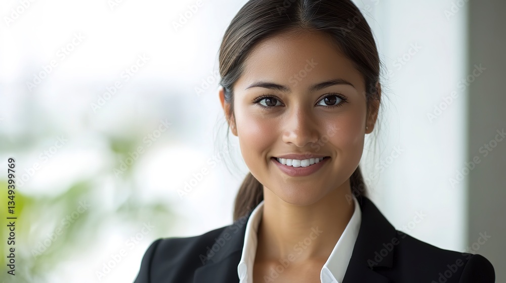 A Confident Young Businesswoman Radiates Success And Optimism, A Portrait Showcasing Her Bright Smile And Professional Attire Against A Softly Blurred Background A Confident Young Businesswoman Radiates Success And Optimism, A Portrait Showcasing Her Bright Smile And Professional Attire Against A Softly Blurred Background