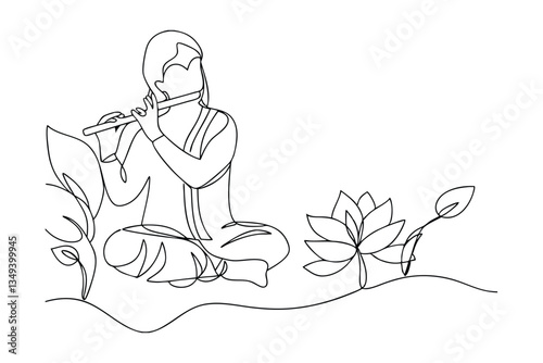 Krishna, Flute Player, One Line Drawing, Lotus Flower, Peaceful, Indian, Spiritual, Meditation, Art, 