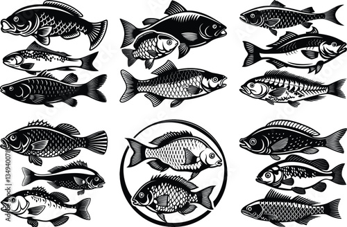 Black and White Fish Vector Illustration: Vintage Style Fish Clipart Collection for Fishing, Seafood, and Aquatic Designs