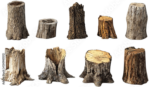 Vector Hardwood trees stub collection PNG, cut out backgrounds, forest tree stubs, nature illustrations, tree trunks, isolated tree elements, nature vector art, tree stumps