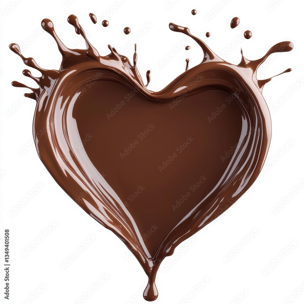 Heart-shaped chocolate splash with dynamic drips and a glossy, liquid texture on a white backdrop